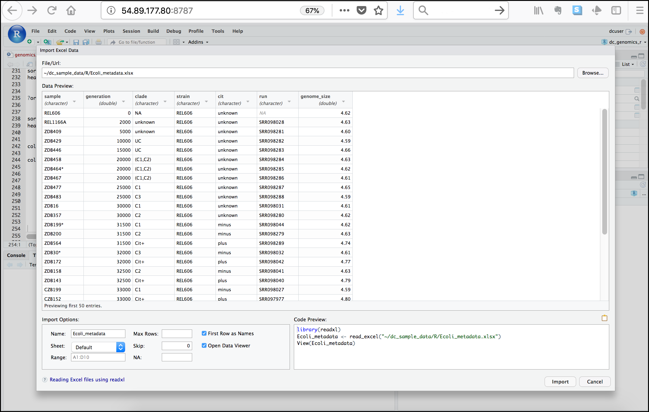 Import screen of Excel file in RStudio showing a data preview and the code used for import