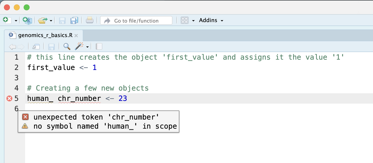 Warning which shows with a red x where RStudio identifies a possible syntax error